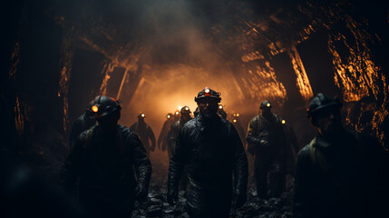 Dramatic Silhouette of Miners Emerging from the Dark Mine 