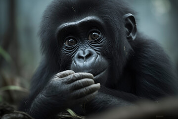 Fototapeta premium Curious Wonder: A Playful Infant Gorilla Explores the Enchanting Depths of the Jungle, ai generative
