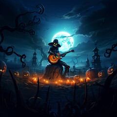 Monster Jack play guitar at the graveyard. Halloween illustration