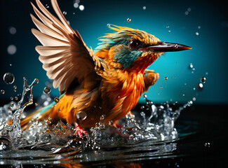 Fototapeta premium a yellow bird standing in water with a bright green and blue sky