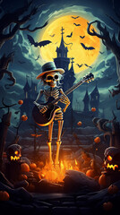 Skeleton play guitar at the graveyard. Haloween illustration