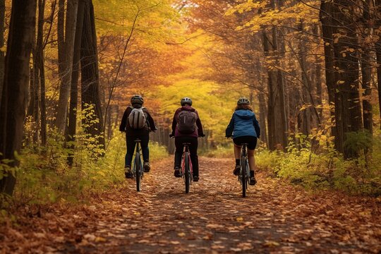 A family on a leisurely bike ride through a forest trail, with the ground and trees blanketed in a mosaic of autumn leaves