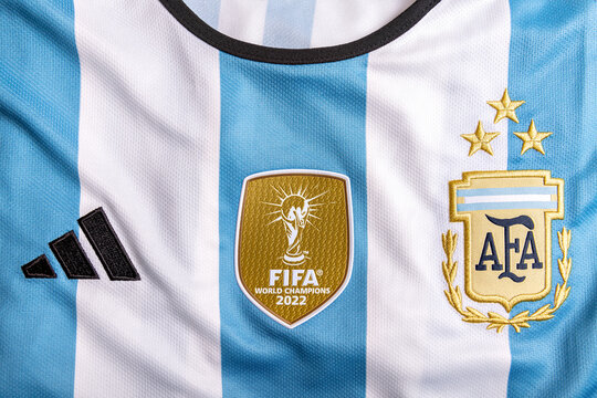 FRONT OF THE ARGENTINE FOOTBALL TEAM SHIRT WITH THE ADIDAS LOGO, THE GOLDEN PATCH OF THE FIFA WORLD CHAMPION AND THE AFA SHIELD. PHOTOGRAPH TAKEN ON AUGUST 4, 2023, IN THE PROVINCE OF MENDOZA.