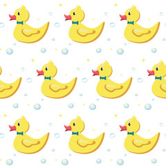 Vector seamless pattern with cartoon yellow rubber duck. Baby pattern. 
Diaper.