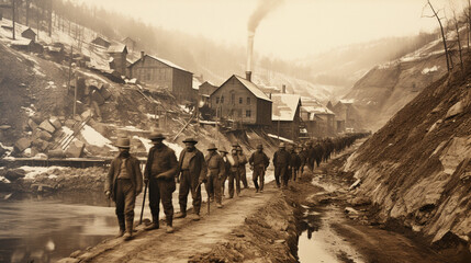 Historic Black and White Photos of Early Mining Operations  - obrazy, fototapety, plakaty