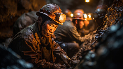 Fototapeta premium Miners Engaged in Tough Physical Labor in the Tunnels 