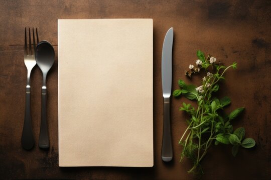 blank menu holder, fork, knife and herbs on dining table Generative Ai