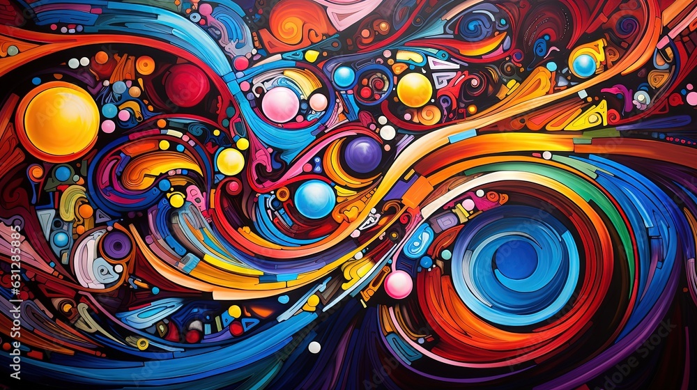 Poster a painting of a multicolored swirl with bubbles and bubbles. generative ai