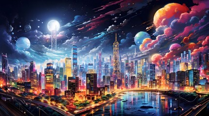 Night city panoramic view with full moon and stars in the sky