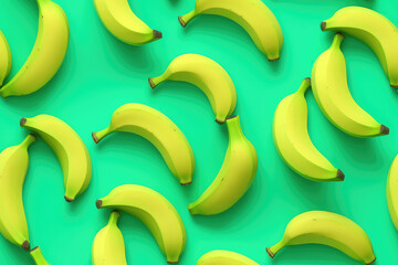 Bananas on green background seamless pattern, bananas tile ornament, fruit repeat texture for wrapping paper or textile print. 3d render illustration style.