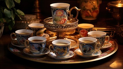 Obraz premium a tray that has some cups and saucers on it. generative ai