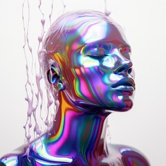 Woman Figure. Liquid Colored Metal Floating Arond Her Face. Generative AI