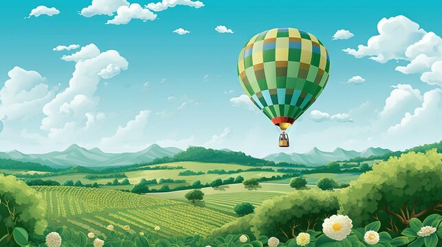  a painting of a hot air balloon flying over a field.  generative ai