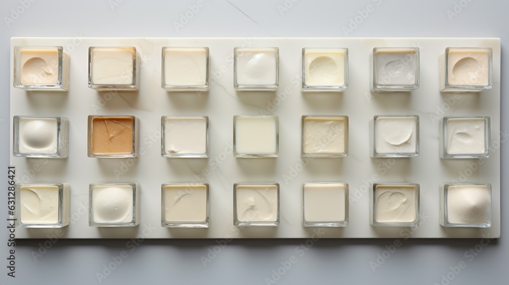 Poster a display of different shades of creams on a white surface. generative ai