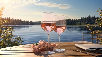  two glasses of wine sitting on a table next to a lake.  generative ai