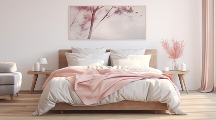  a bed with a pink blanket on top of it in a bedroom.  generative ai