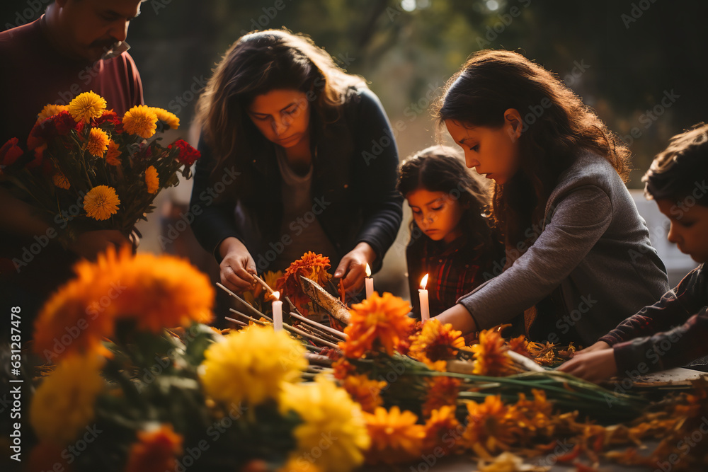 Canvas Prints Sacred Rituals: A Family Decorates a Grave with Marigold Flowers and Candles for Dia de los Muertos