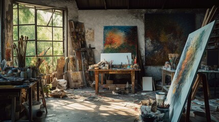 Interior photography of an artists studio with The workplace of a professional painter, creative mess