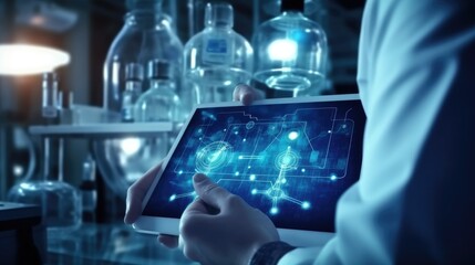 Medical Research, Health technology, Healthcare and medicine concept. Technician using digital tablet, studying chemical elements in hospital laboratoty with medical icons, microbiology