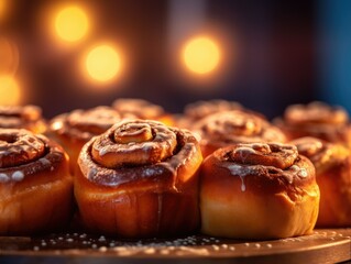 baked hot cinnamon buns with sugar and cholate topping, baking photography, clean composition, dramatic lighting, bright