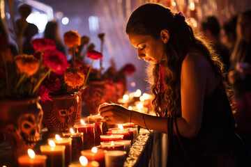 A Scented Tribute: Woman Lights Incense at a Day of the Dead Altar in Memory of Departed Loved Ones - obrazy, fototapety, plakaty