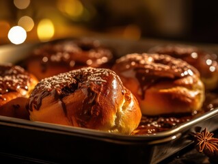 baked hot cinnamon buns with sugar and cholate topping, baking photography, clean composition, dramatic lighting, bright