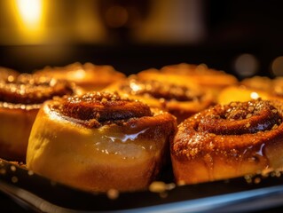 baked hot cinnamon buns with sugar and cholate topping, baking photography, clean composition, dramatic lighting, bright