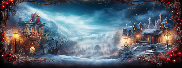 Winter fairy tale with fairytale castle in snowy forest. selective focus. 