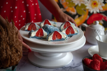Japanese mochi with cream cheese and strawberries