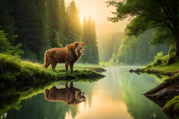 Fototapete Elchbulle lion in the water