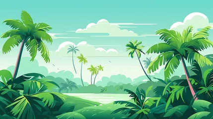 Zelfklevend Fotobehang  a painting of a tropical landscape with palm trees and water.  generative ai © Anna