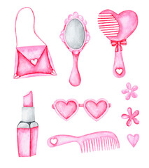 Doll accessories watercolor illustrations set. Doll handbag, mirror, hairbrush, lipstick, sunglasses. Girl child. Girls toys. Pink. Vintage. Doll style, fashion. Illustrations isolated. Birthday. 