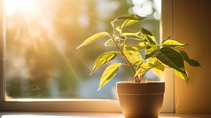  a potted plant sitting on a windowsill in front of a window.  generative ai
