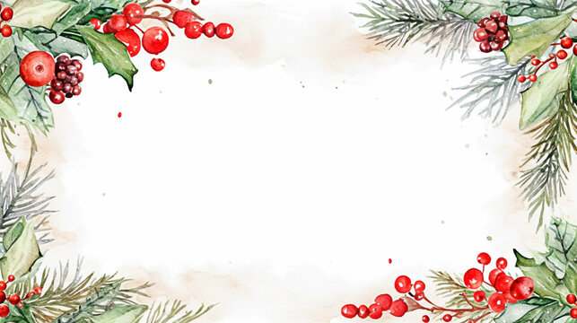 Watercolor Christmas frame with fir branches, holly berries and pine cones and selective focus. 