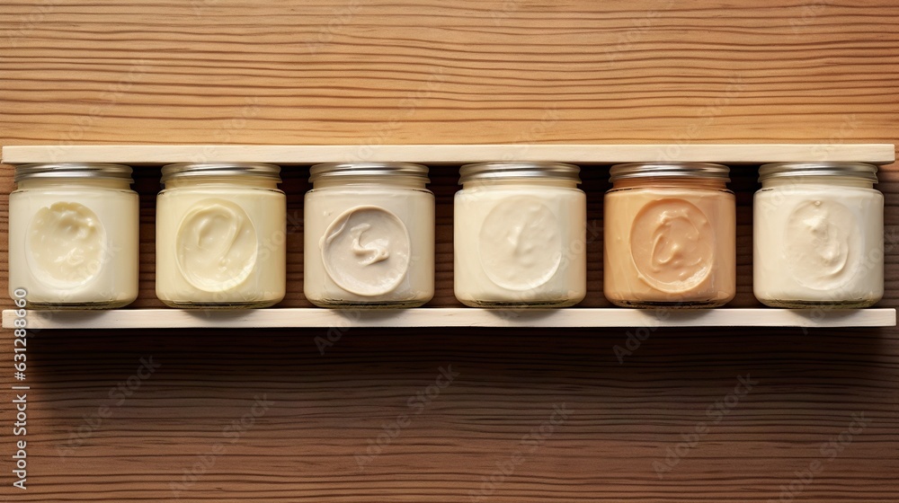 Poster a row of jars filled with different types of creams. generative ai
