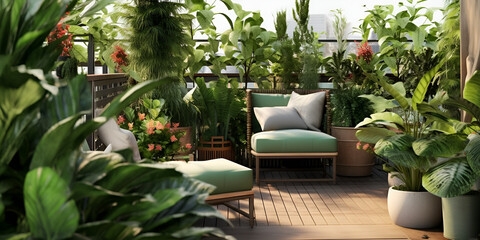Fototapeta na wymiar Modern balcony sitting area decorated with green plant