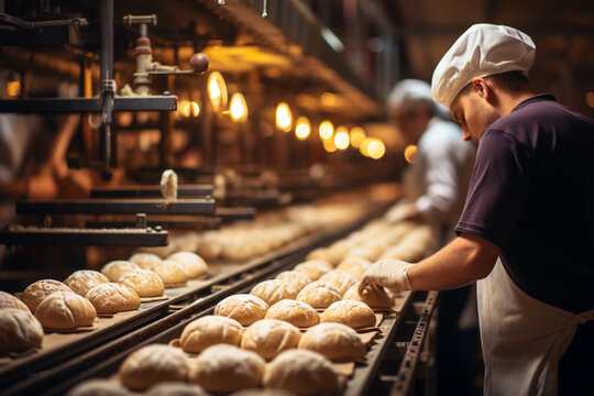 workers sorting bread on bakery factory