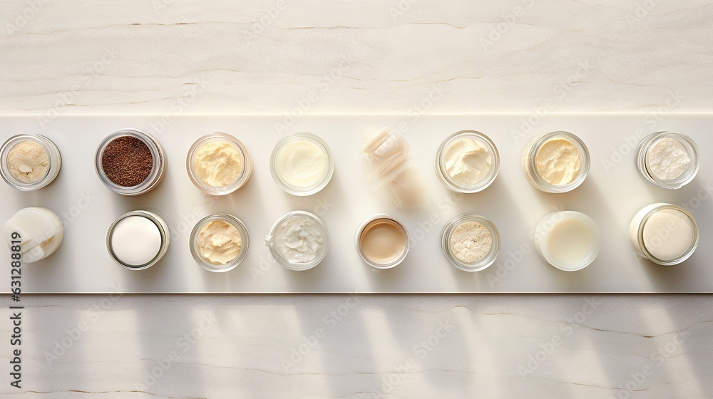 Poster  a table topped with lots of different types of creams.  generative ai