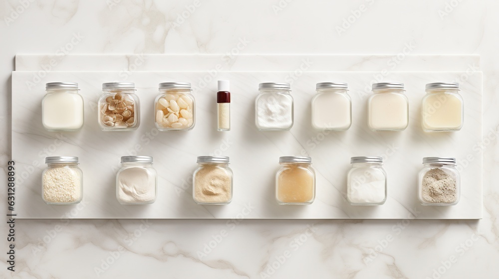 Poster a white tray topped with jars filled with different types of food. generative ai