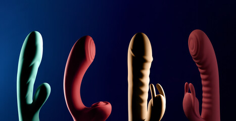 Adult sex toys, set of dildo shaped vibrators, vibrator for women - obrazy, fototapety, plakaty