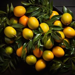 Fresh ripe mangoes on black wooden background. Top view.  AI generated