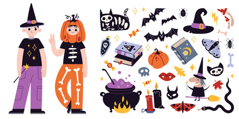 Kids in halloween costumes and attributes of the holiday. Funny and cute carnival kids set, cartoon style. Trendy modern vector illustration, hand drawn, flat design