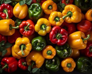 Colorful ripe bell peppers seamless background. Top view. AI generation