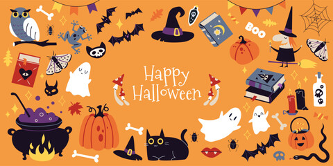 Happy Halloween set with pumpkins, bat and decoration  carnival elements. Mystical magic collection clip art. Trendy modern vector illustration on orange background, hand drawn, flat design