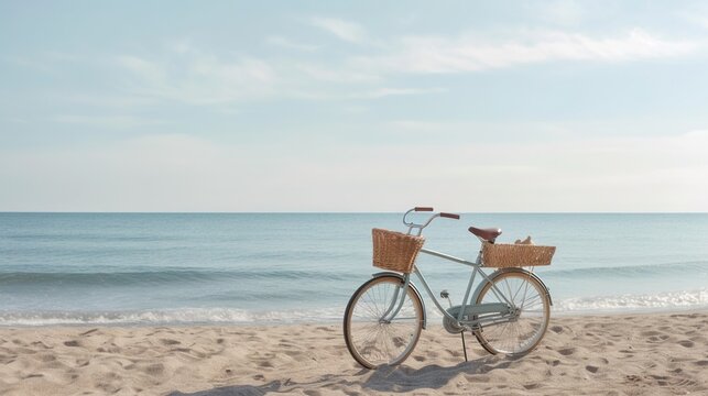  a bicycle parked on the beach with a basket on the front.  generative ai