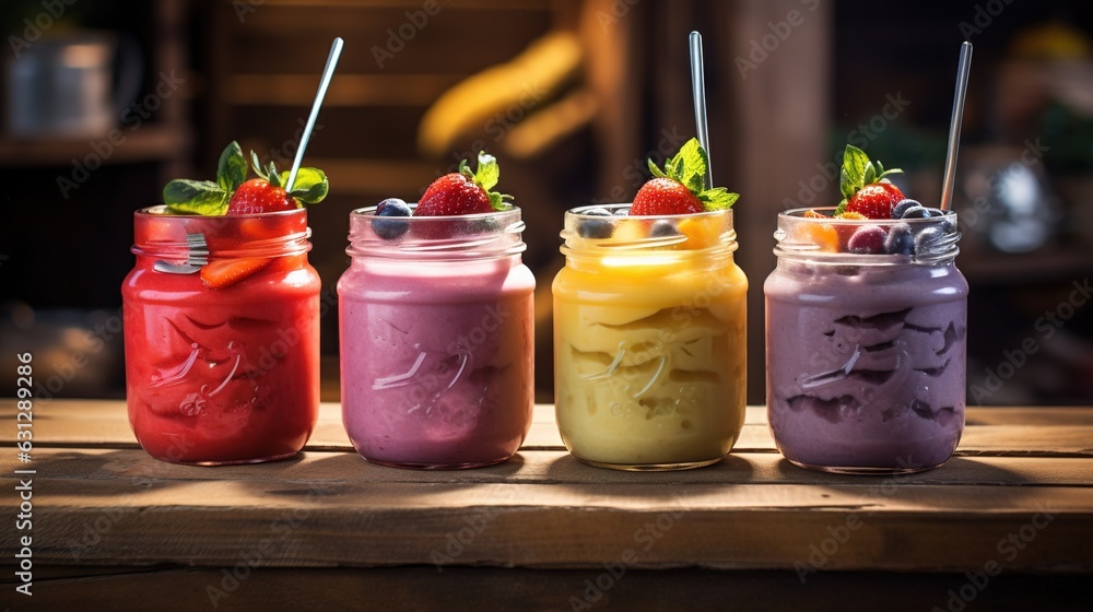 Poster a group of four mason jars filled with different colored drinks. generative ai