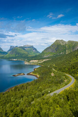 Fototapeta na wymiar Beautiful landscape over the fjord of Senja Island from Bergsbotn Platform, Norway