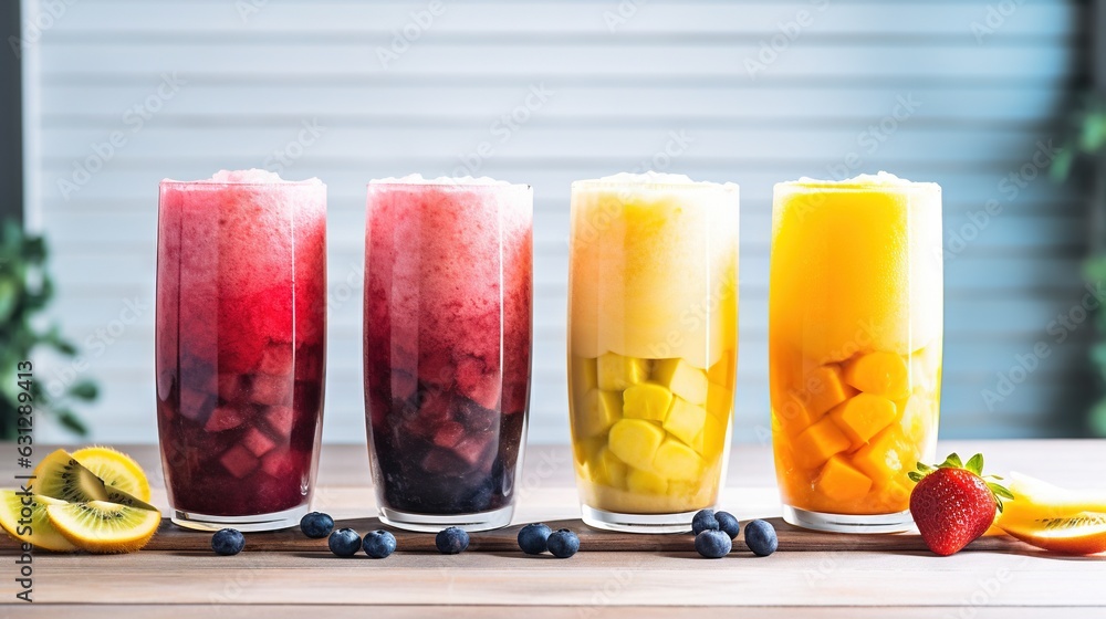 Aufkleber a row of glasses filled with different types of fruit drinks. generative ai