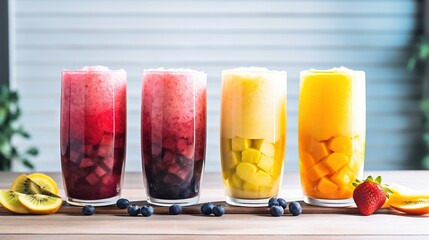 a row of glasses filled with different types of fruit drinks. generative ai