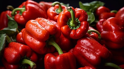  Close up of Ripe red bell peppers seamless background. Top view. AI generation